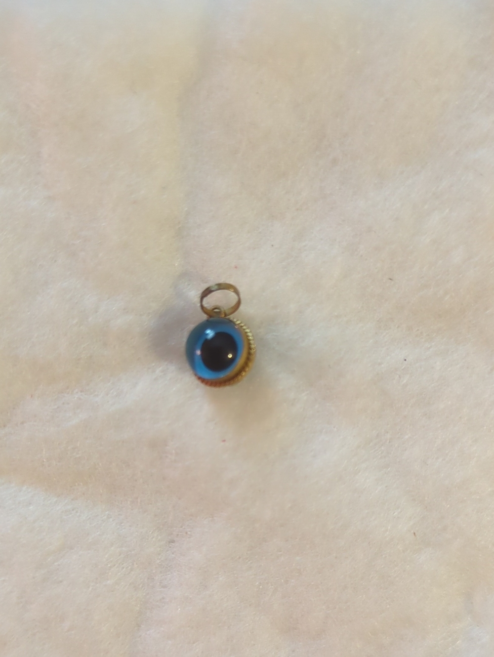 Vintage Small Blue Glass Evil Eye Pendant Charm in Gold Setting